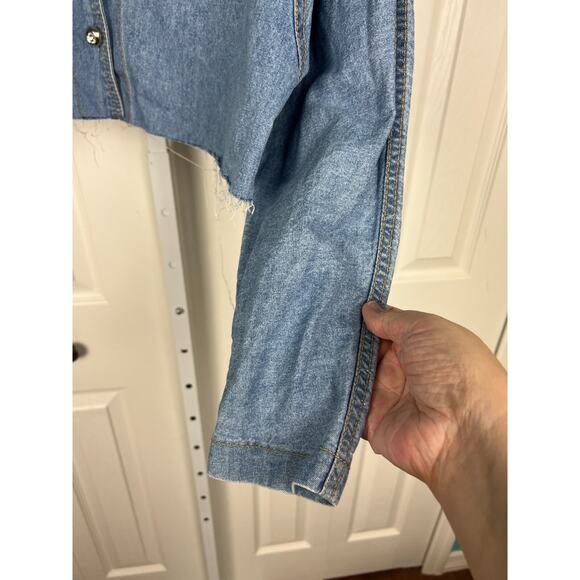 Vintage 80s Western Denim Cropped Jacket Studded Rhinestone Frayed Large - Picture 6 of 9